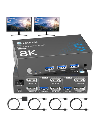 Interruptor KVM Steetek 2 Monitores 2 Computadoras 8K 60Hz