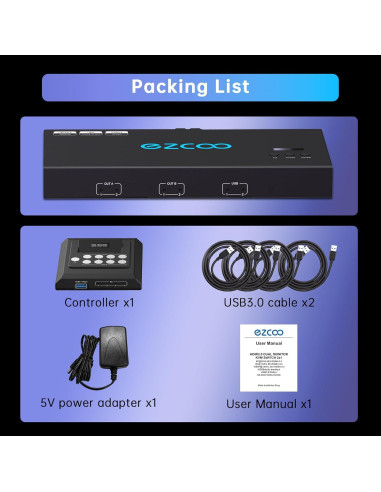 Interruptor KVM Doble Monitor 4K@60Hz EZCOOTECH 2x1 USB 3.0