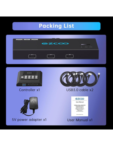 Interruptor KVM Doble Monitor 4K@60Hz EZCOOTECH 2x1 USB 3.0 Interruptor KVM Doble Monitor 4K@60Hz EZCOOTECH 2x1 USB 3.0