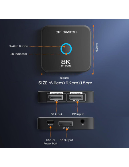 Conmutador DisplayPort 8K 2 en 1 NEWCARE con Control Remoto