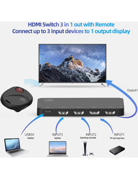 Conmutador HDMI 3 en 1 OVAW 4K@60Hz con Control Remoto