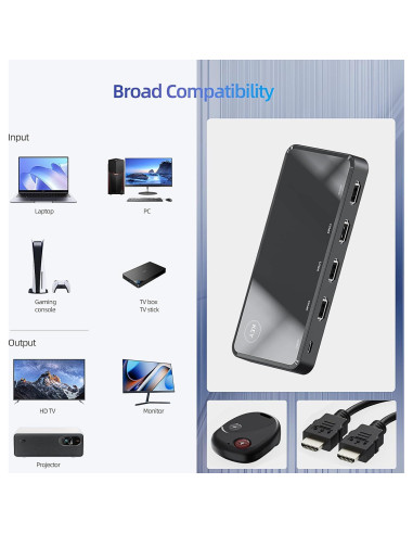 Conmutador HDMI 3 en 1 OVAW 4K@60Hz con Control Remoto