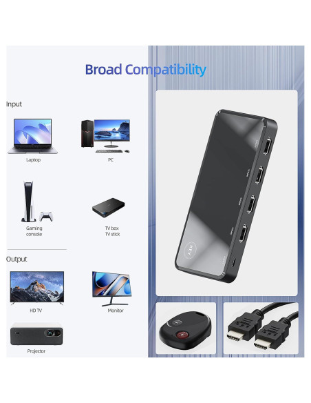 Conmutador HDMI 3 en 1 OVAW 4K@60Hz con Control Remoto