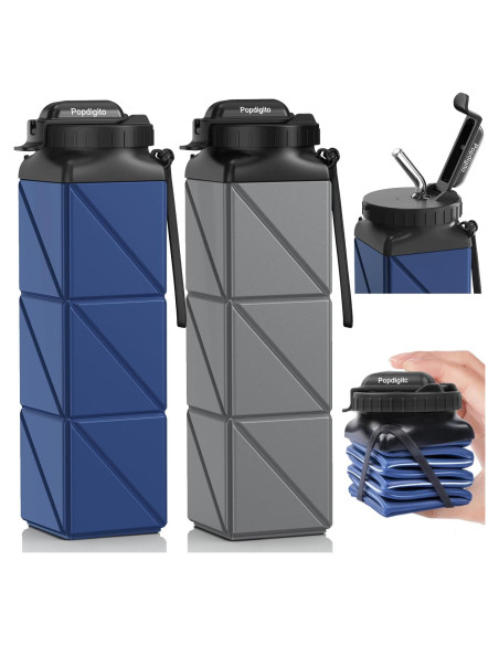 2 Botellas de Agua Plegables Popdigito 610ml a Prueba de Fugas