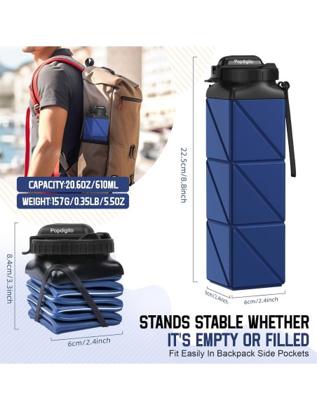 2 Botellas de Agua Plegables Popdigito 610ml a Prueba de Fugas