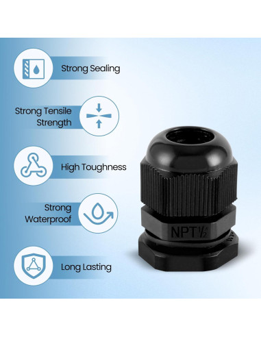 20 Conectores de Cable Impermeables NPT 1/2" Nylon Ajustables