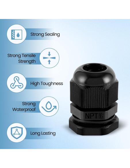 20 Conectores de Cable Impermeables NPT 1/2" Nylon Ajustables