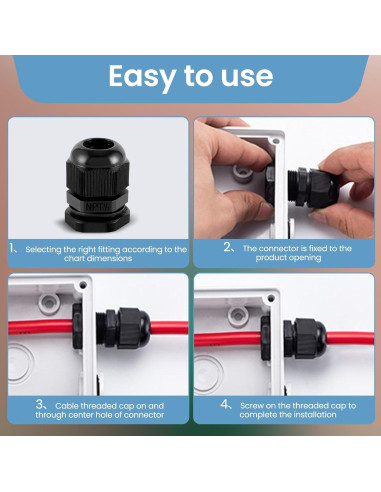 20 Conectores de Cable Impermeables NPT 1/2" Nylon Ajustables