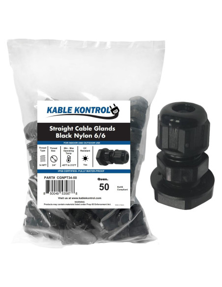 Pasacables Nylon Kable Kontrol 3/4" 50 Pcs IP68 RoHS