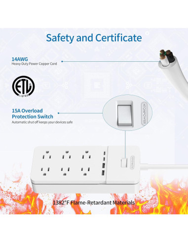 Regleta NTONPOWER 2 Enchufes 6 Salidas 4 USB 3m Protector 2100J