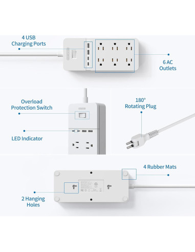Regleta NTONPOWER 2 Enchufes 6 Salidas 4 USB 3m Protector 2100J