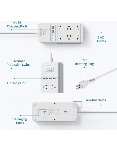 Regleta NTONPOWER 2 Enchufes 6 Salidas 4 USB 3m Protector 2100J