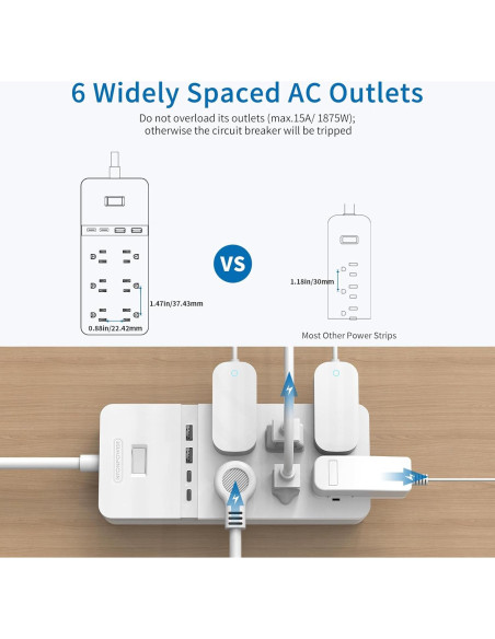 Regleta NTONPOWER 2 Enchufes 6 Salidas 4 USB 3m Protector 2100J