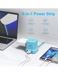 Regleta USB-C y USB-A TOPREK 5 Salidas AC 3.05m Azul 2