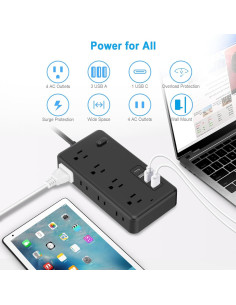 Regleta de Sobretensión Bi-silque 6 Salidas 3 USB 1 USB-C 1700J 2
