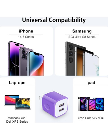 Cargador de Pared USB Doble 3 Pack 2.4A para iPhone y Samsung