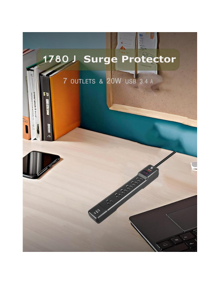 Regleta de Poder T-JOAN Negra 6 Salidas 1.83m USB-C 20W