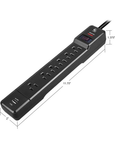 Regleta de Poder T-JOAN Negra 6 Salidas 1.83m USB-C 20W