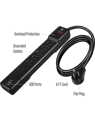 Regleta de Poder T-JOAN Negra 6 Salidas 1.83m USB-C 20W