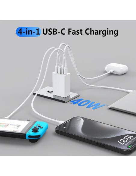 Cargador USB C Rápido 40W iGENJUN 4 Puertos Blanco