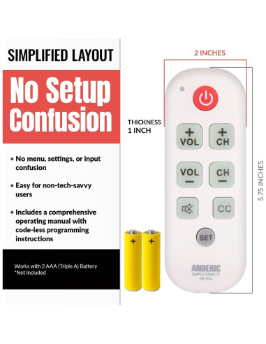 Control Remoto Universal Anderic RR1004 - 2 Paquete, Teclas Grandes