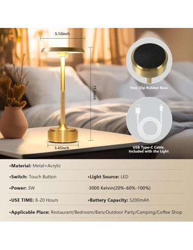 Lámpara de mesa LED recargable Baishezhuan Oro 3 niveles