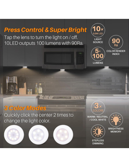 Paquete de 4 Luces Táctiles LED Regulables 7.8cm - Adhesivas