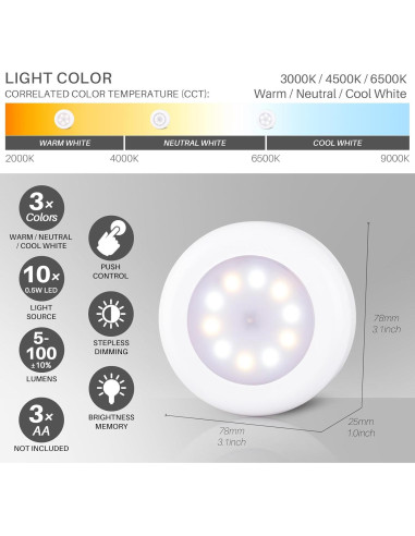 Paquete de 4 Luces Táctiles LED Regulables 7.8cm - Adhesivas