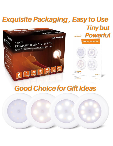 Paquete de 4 Luces Táctiles LED Regulables 7.8cm - Adhesivas