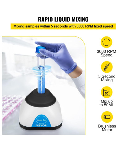 Mezclador Vortex Mini VEVOR 3000RPM 50mL Táctil Científico