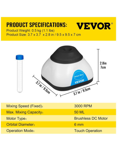 Mezclador Vortex Mini VEVOR 3000RPM 50mL Táctil Científico
