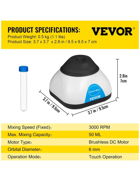 Mezclador Vortex Mini VEVOR 3000RPM 50mL Táctil Científico