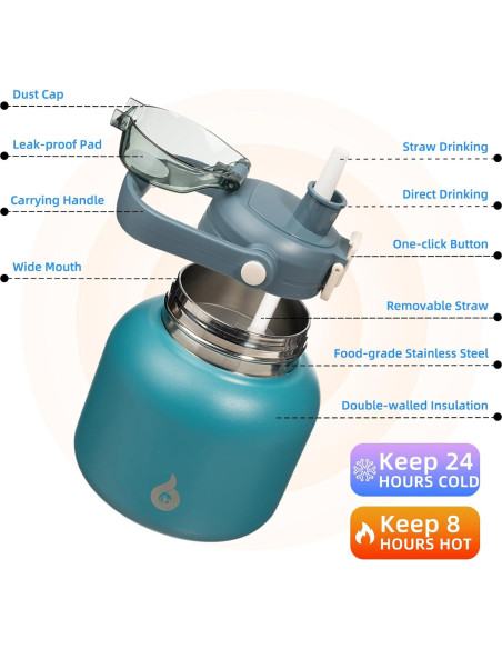 Botella de Agua Aislada BJPKPK 800 ml con Pajilla Azul