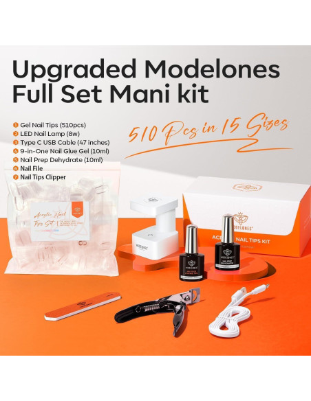 Kit de Uñas de Gel Modelones Almendra 15 Tamaños 510 Pcs