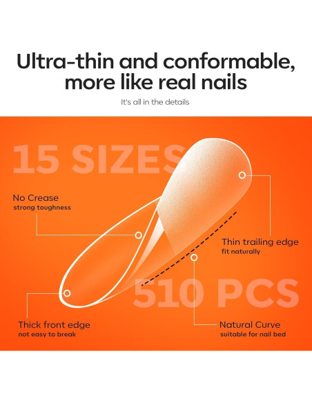 Kit de Uñas de Gel Modelones Almendra 15 Tamaños 510 Pcs