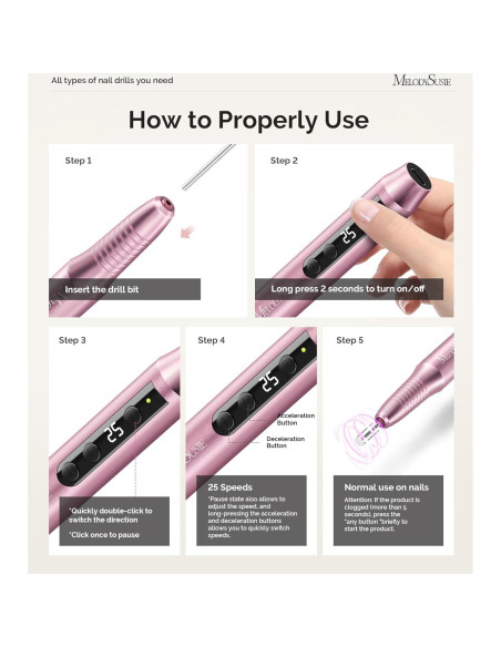 Taladro de Uñas Eléctrico MelodySusie PC180G Inalámbrico 25000RPM