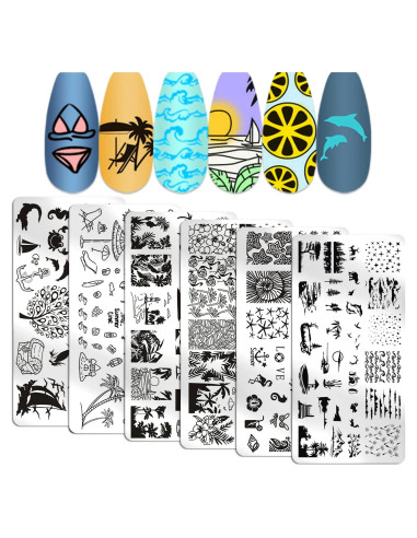 Kit de Estampado de Uñas de Playa WOKOTO 6 Piezas Acero Inoxidable
