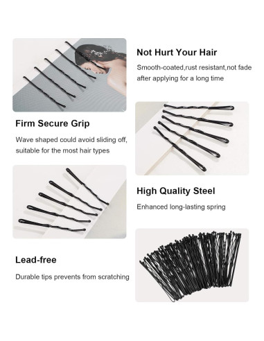 60 Sujetadores de Cabello Sin Costura y 60 Horquillas Negras