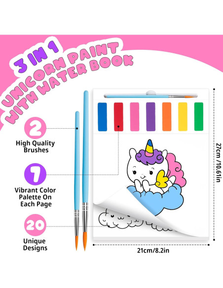 Libro de Pintura Acuarela Fenmay Unicornio con 2 Pinceles