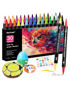 30 Marcadores de Pintura Acrílica Recheel, Punta Doble Fina y Brocha