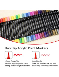 30 Marcadores de Pintura Acrílica Recheel, Punta Doble Fina y Brocha 2