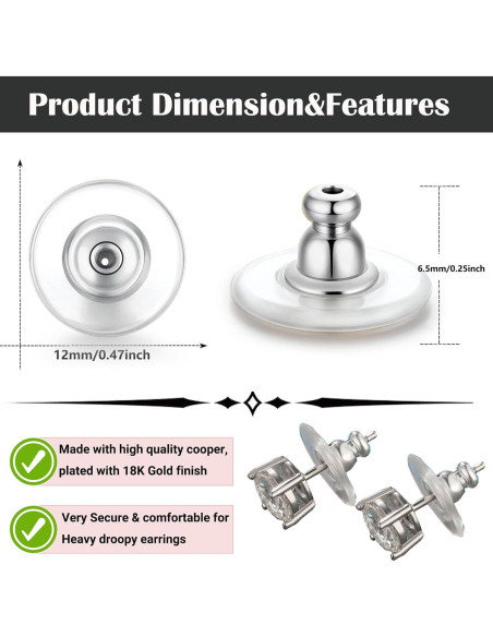 6 Piezas Respaldo de Aretes Grandes Formulen 12mm Hipoalergénico