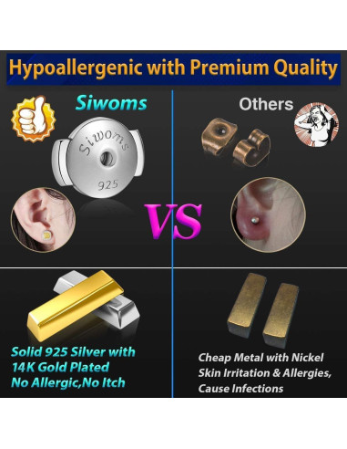 Respaldos de Aretes Hipoalergénicos Siwoms Oro 14K 8mm 4 Pairs