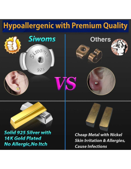 Respaldos de Aretes Hipoalergénicos Siwoms Oro 14K 8mm 4 Pairs
