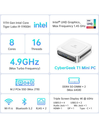Mini PC CyberGeek T1 i9-11900H 16GB RAM 1TB SSD Wi-Fi 6