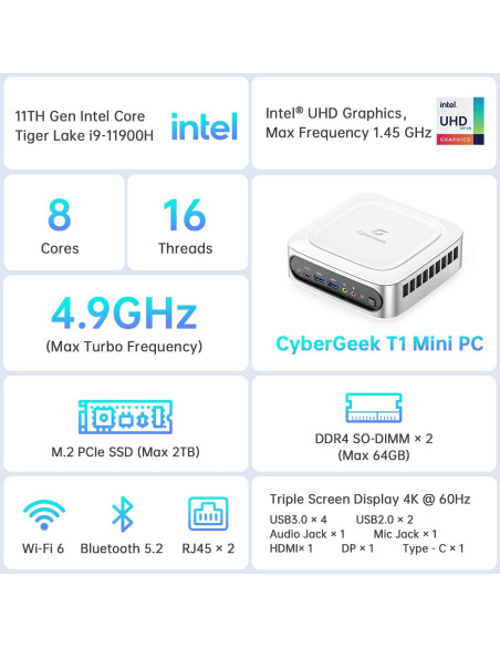 Mini PC CyberGeek T1 i9-11900H 16GB RAM 1TB SSD Wi-Fi 6