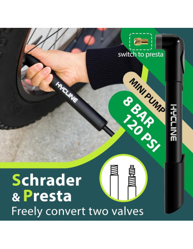Bomba de Bicicleta Mini Hycline 120 PSI Válvula Dual Portátil