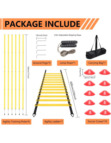 Conjunto de Entrenamiento de Agilidad ZEMBSOYA - 12 Postes, Escalera, Conos y Cuerda