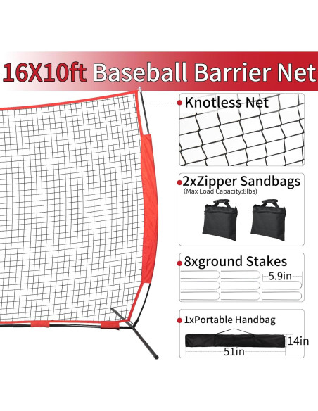 Red de Parada Deportiva Wiseek 4.88x3.05m para Béisbol y Lacrosse