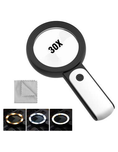 Lupa MoKo 30X con Luz LED, 18 LEDs, Ergonomía, Negra